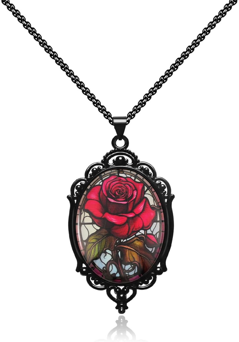 DAYANEY Gothic Necklace, Witch Raven Locket Necklace as Goth Accessories for Witch Costume Jewelry for Women, Bat Pendant Rose Vampire Jewelry as Valentines Outfit Party Gifts - Image 1